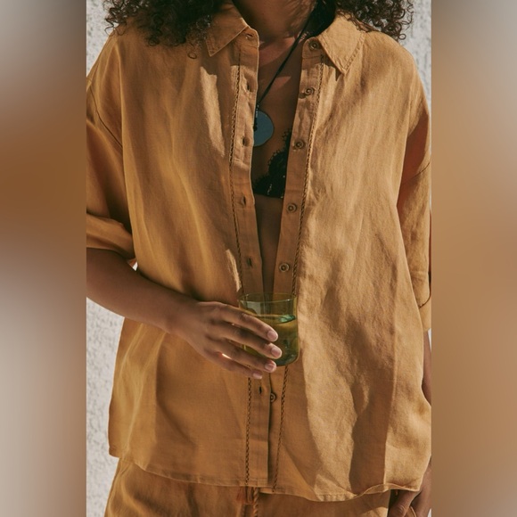 By Anthropologie Short-Sleeve Linen Button-Down Shirt - Picture 3 of 10